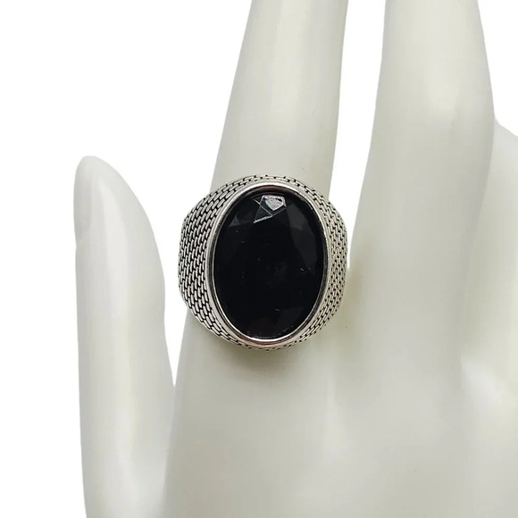 Black Faceted Rhinestone Tiny Brick Design Silver Tone Ring Size 10 Vintage - Picture 1 of 4